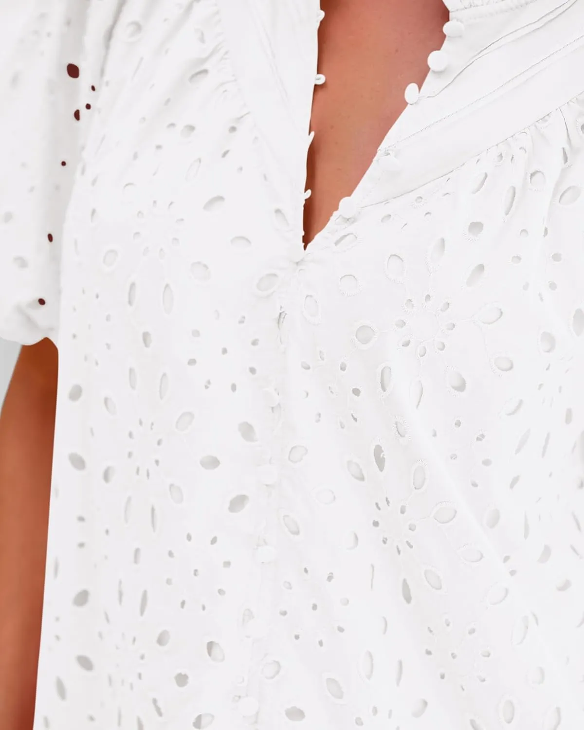 BTFBM Womens Casual Summer Blouse 2025 Hollow Out Eyelet Embroidery Tops V Neck Buttons Puff Short Sleeve Boho Shirts