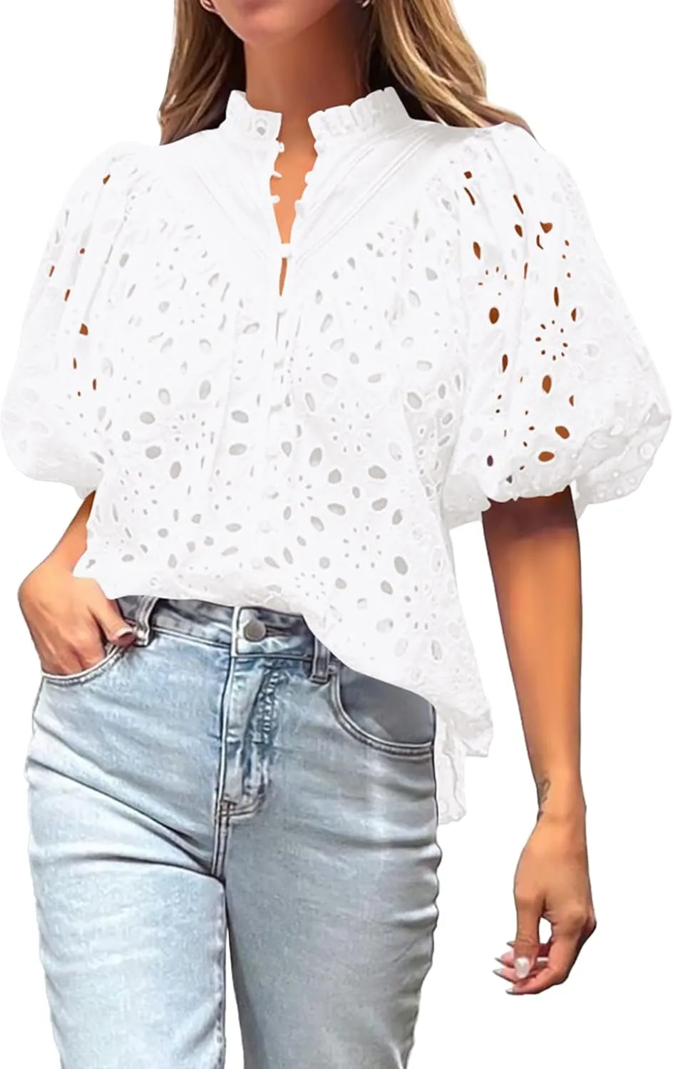 BTFBM Womens Casual Summer Blouse 2025 Hollow Out Eyelet Embroidery Tops V Neck Buttons Puff Short Sleeve Boho Shirts