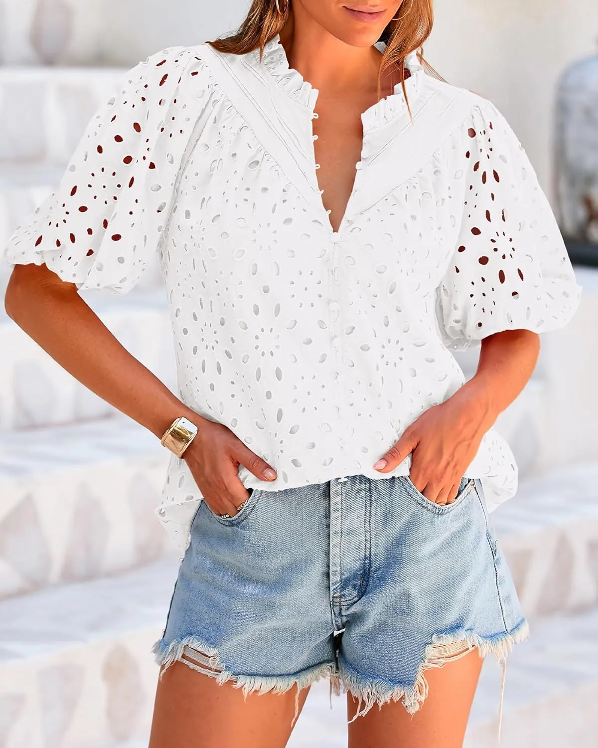 BTFBM Womens Casual Summer Blouse 2025 Hollow Out Eyelet Embroidery Tops V Neck Buttons Puff Short Sleeve Boho Shirts