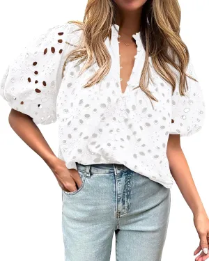 BTFBM Womens Casual Summer Blouse 2025 Hollow Out Eyelet Embroidery Tops V Neck Buttons Puff Short Sleeve Boho Shirts