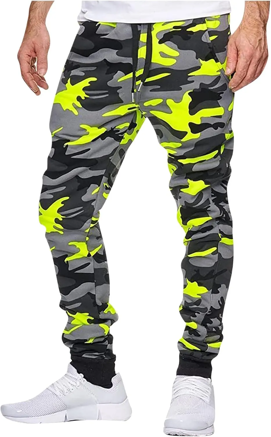 Camouflage Stretch Skinny Pants for Men Casual Drawstring Elastic Waist Beam Feet Slacks Tapered Sport Trousers