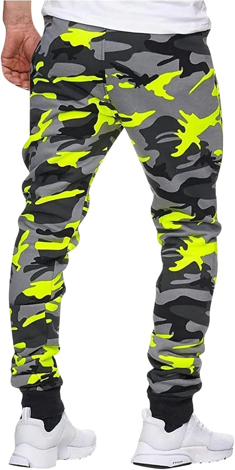 Camouflage Stretch Skinny Pants for Men Casual Drawstring Elastic Waist Beam Feet Slacks Tapered Sport Trousers