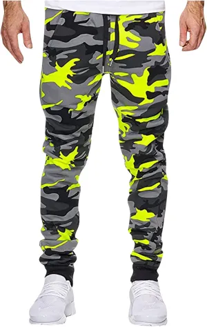 Camouflage Stretch Skinny Pants for Men Casual Drawstring Elastic Waist Beam Feet Slacks Tapered Sport Trousers