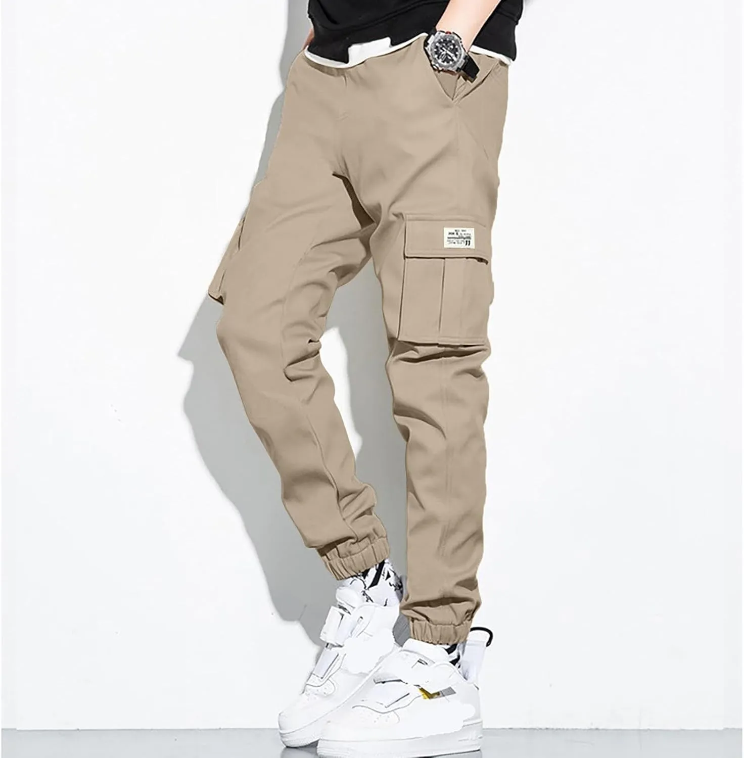 Cargo Sweatpants for Men Relaxed Fit Stretch Waist Athletic Joggers Casual Plus Size Solid Drawstring Athletic Chino Pants
