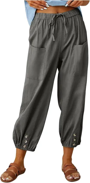 Ceboyel Women's Cotton Linen Lantern Tapered Pants Drawstring Baggy Harem Pants Summer Pants Casual Lounge Trousers 2023