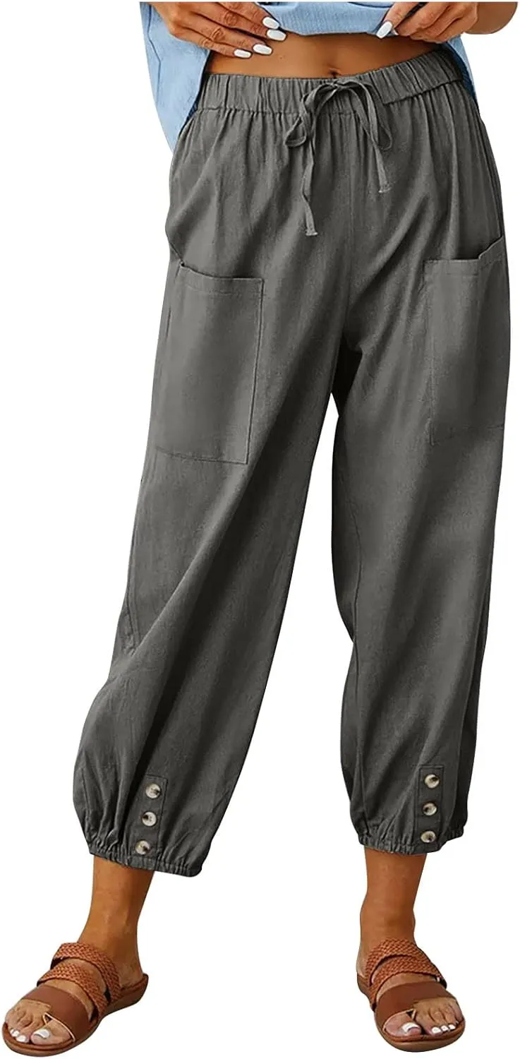 Ceboyel Women's Cotton Linen Lantern Tapered Pants Drawstring Baggy Harem Pants Summer Pants Casual Lounge Trousers 2023