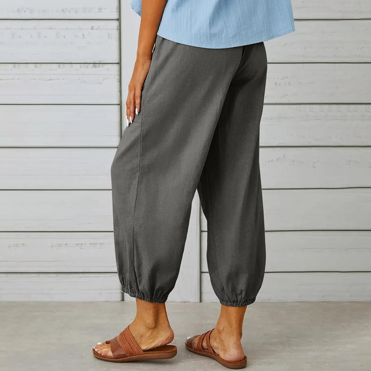 Ceboyel Women's Cotton Linen Lantern Tapered Pants Drawstring Baggy Harem Pants Summer Pants Casual Lounge Trousers 2023