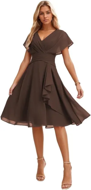 Chiffon Bridesmaid Dresses for Women V Neck Formal Dress with Sleeves Short Evening Party Gown