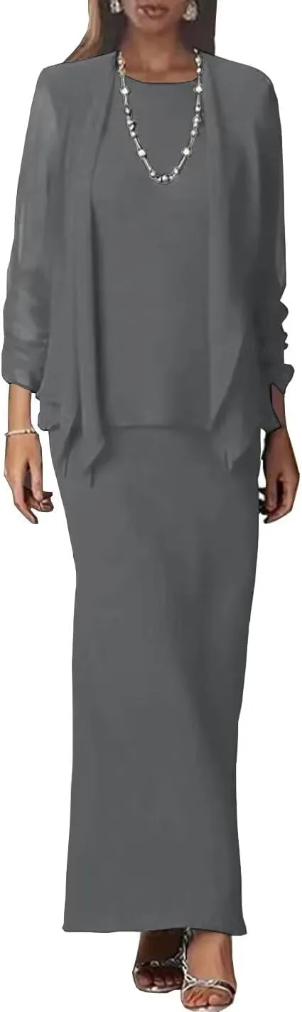 Chiffon Fall Mother of The Bride Dresses for Wedding Long Sleeve Formal Wedding Guest Dress with Jacket