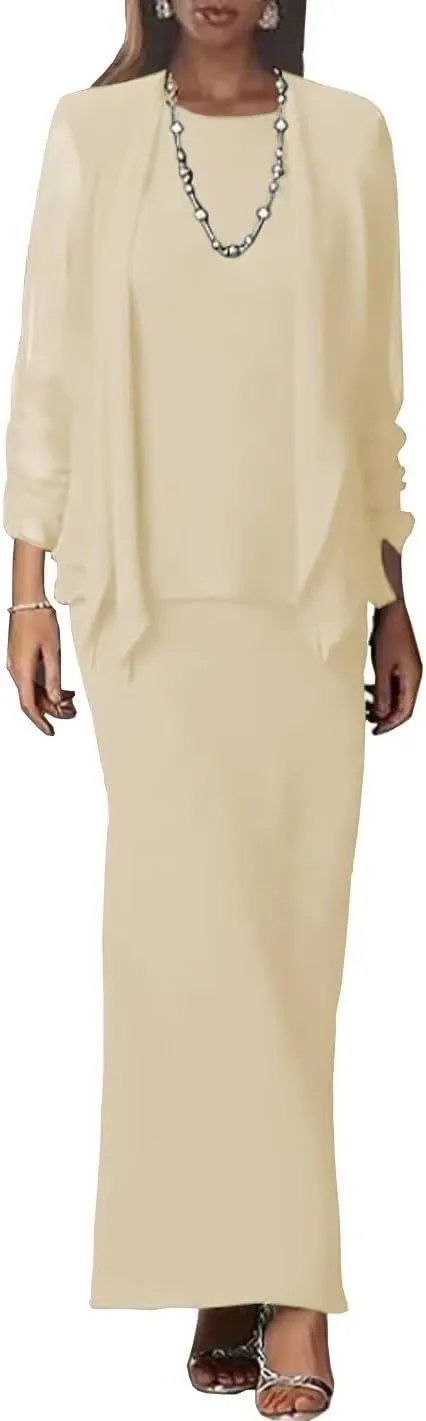 Chiffon Fall Mother of The Bride Dresses for Wedding Long Sleeve Formal Wedding Guest Dress with Jacket