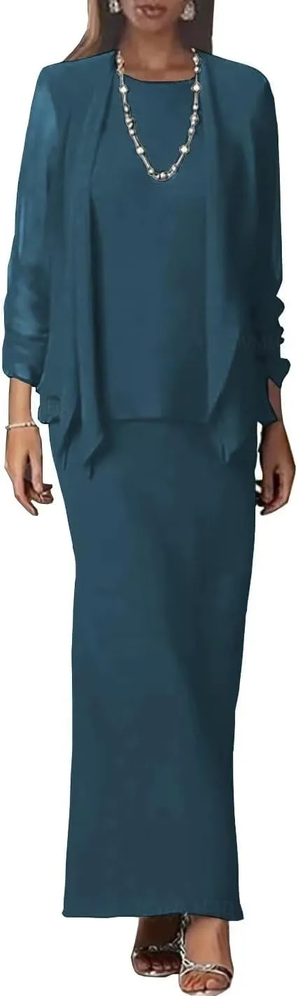 Chiffon Fall Mother of The Bride Dresses for Wedding Long Sleeve Formal Wedding Guest Dress with Jacket