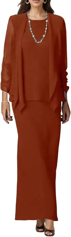 Chiffon Fall Mother of The Bride Dresses for Wedding Long Sleeve Formal Wedding Guest Dress with Jacket