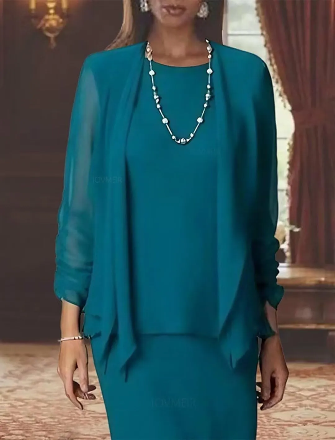Chiffon Fall Mother of The Bride Dresses for Wedding Long Sleeve Formal Wedding Guest Dress with Jacket