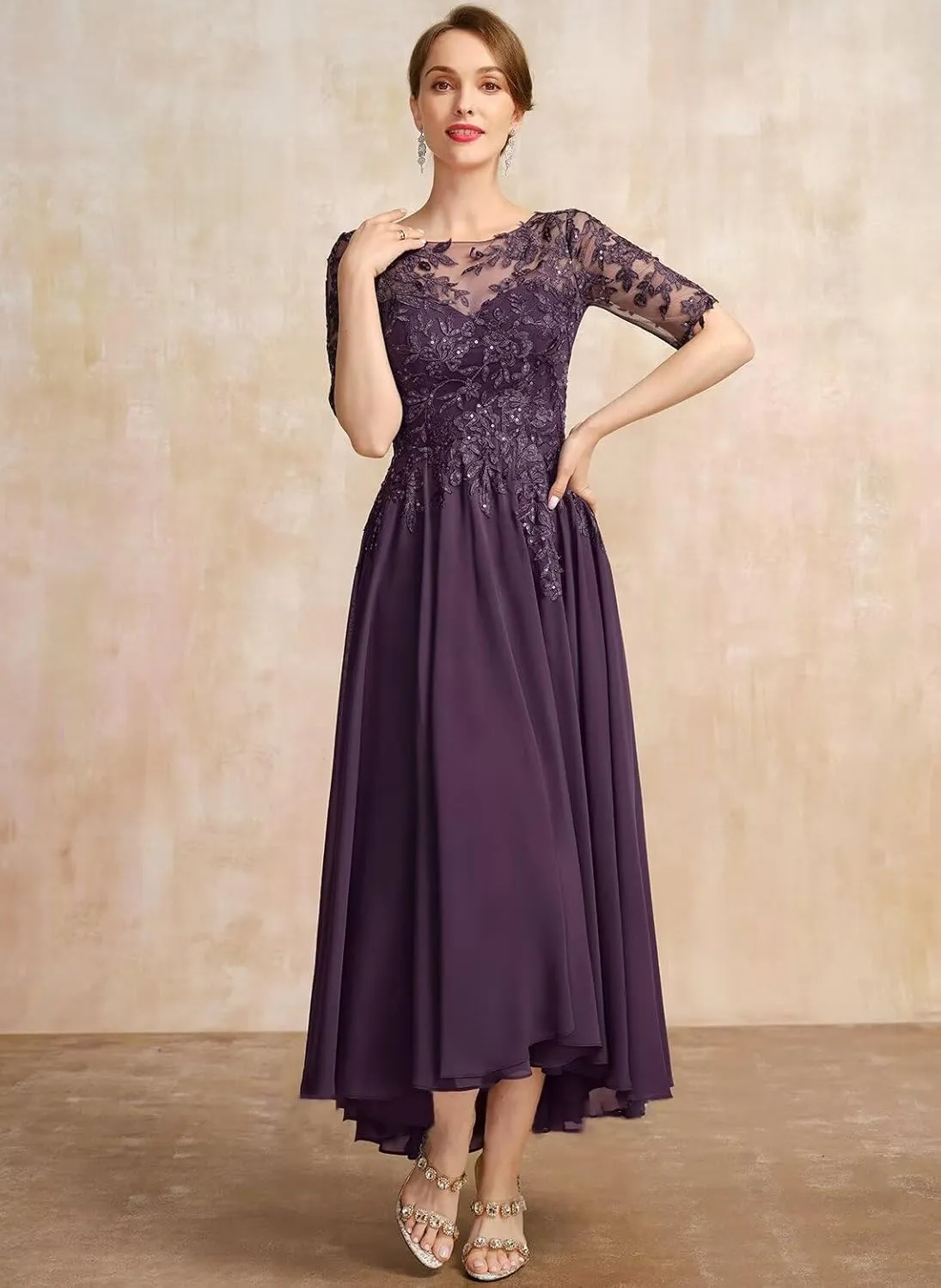 Chiffon Mother of The Bride Dresses for Wedding Lace Applique A-line Ankle Length Formal Evening Gowns QA145