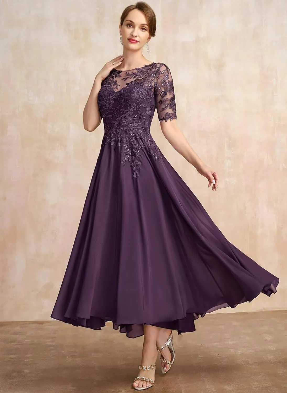 Chiffon Mother of The Bride Dresses for Wedding Lace Applique A-line Ankle Length Formal Evening Gowns QA145