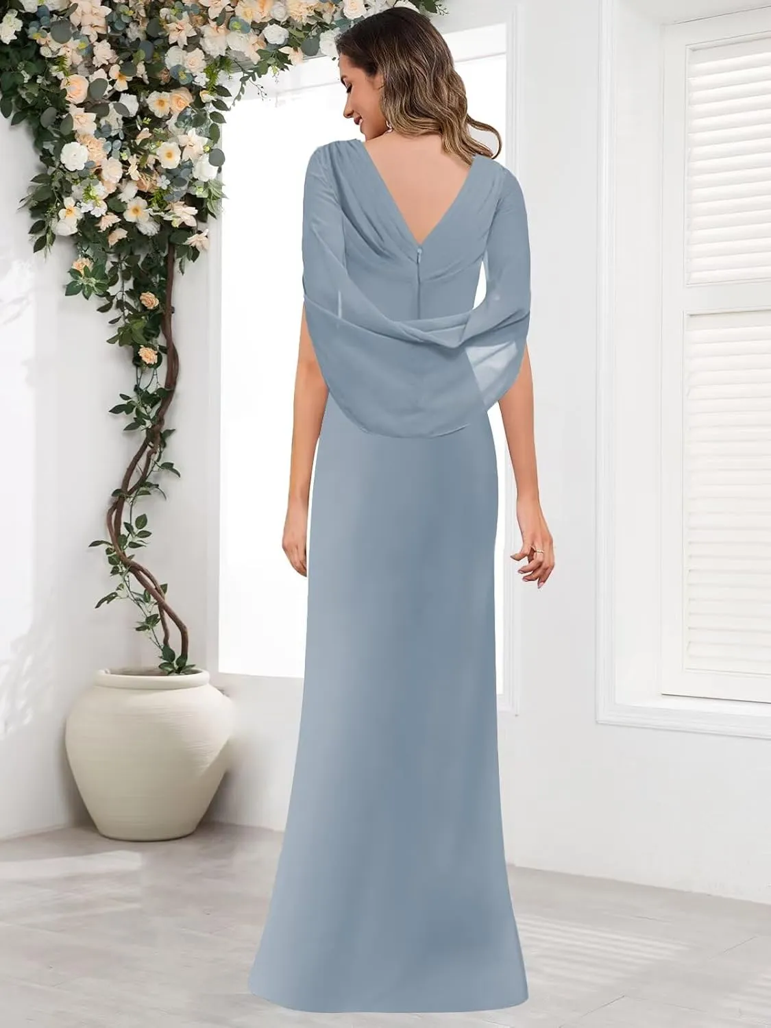 Chiffon Mother of The Bride Dresses for Women with Cape V Neck Lace Applique Wedding Guest Dress
