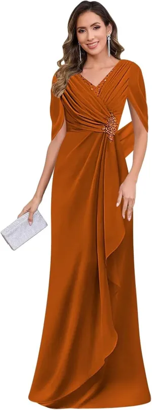 Chiffon Mother of The Bride Dresses for Women with Cape V Neck Lace Applique Wedding Guest Dress