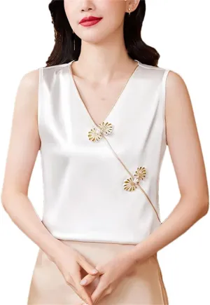 Chinese Style Camisole Shirt Women Spring Summer V-Neck Buckle Sleeveless Tank Tops