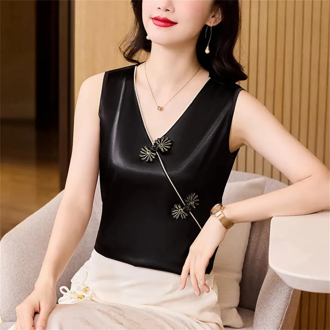 Chinese Style Camisole Shirt Women Spring Summer V-Neck Buckle Sleeveless Tank Tops