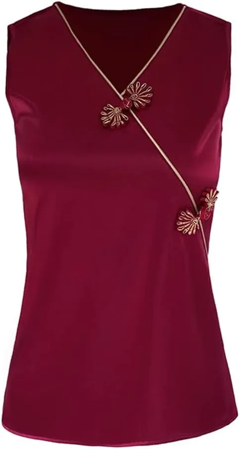 Chinese Style Camisole Shirt Women Spring Summer V-Neck Buckle Sleeveless Tank Tops