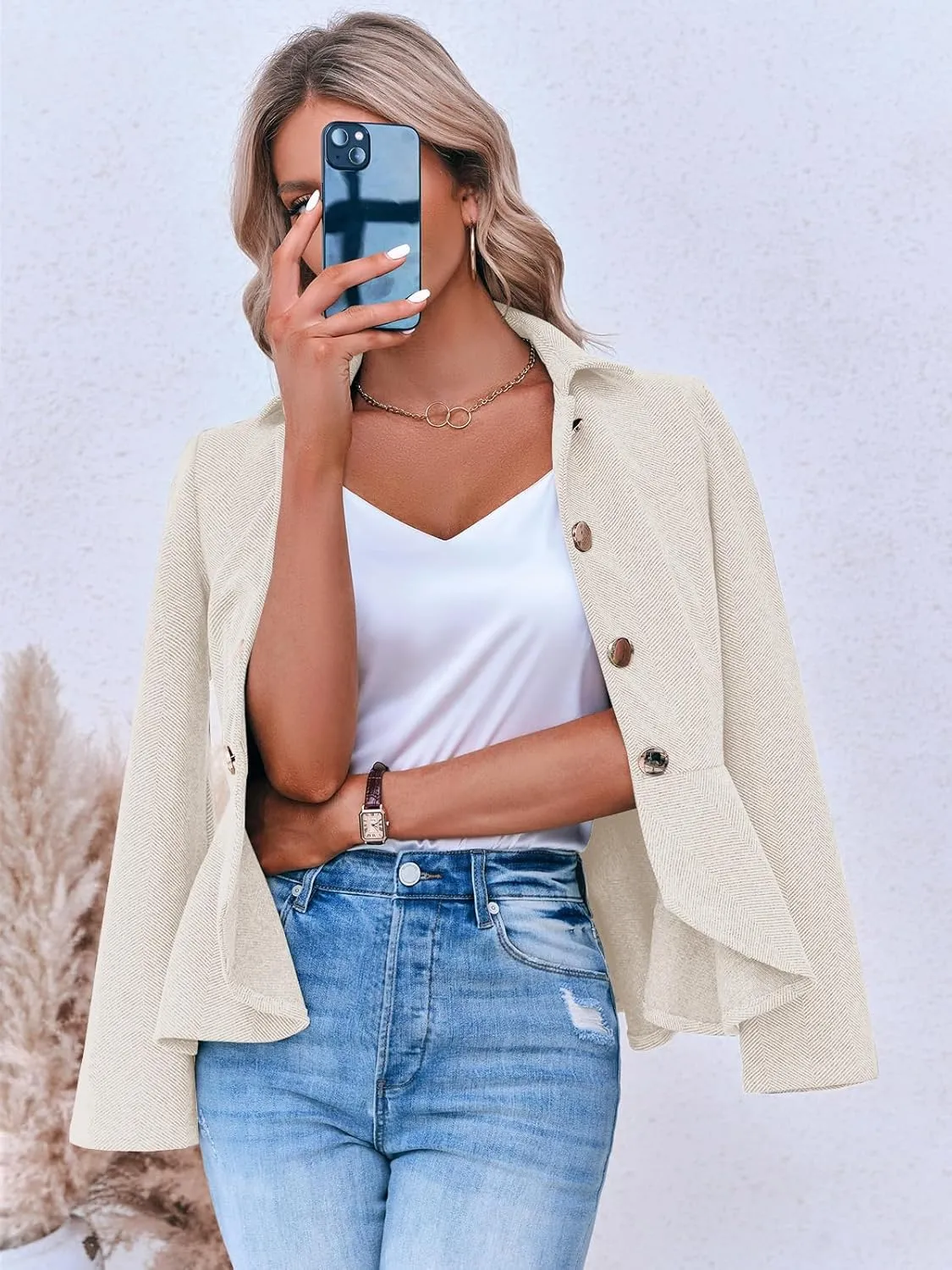 Cicy Bell Elegant Women Blazer Business Work Office Peplum Hem Jacket Open Front Herringbone Coats