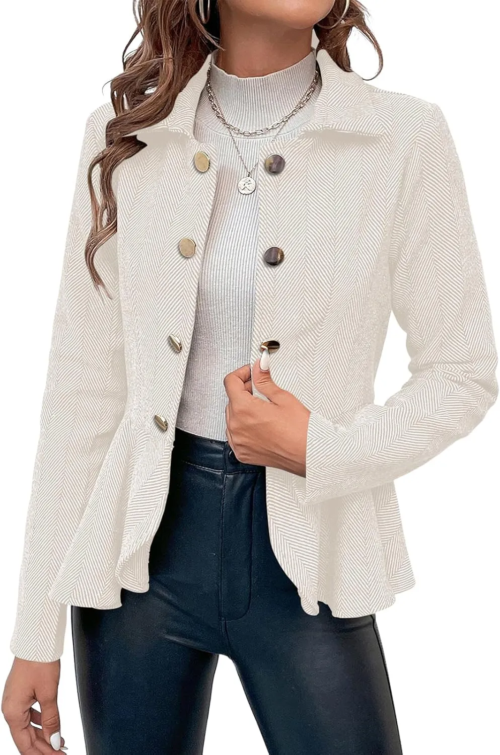 Cicy Bell Elegant Women Blazer Business Work Office Peplum Hem Jacket Open Front Herringbone Coats