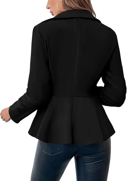 Cicy Bell Elegant Women Blazer Business Work Office Peplum Hem Jacket Open Front Herringbone Coats