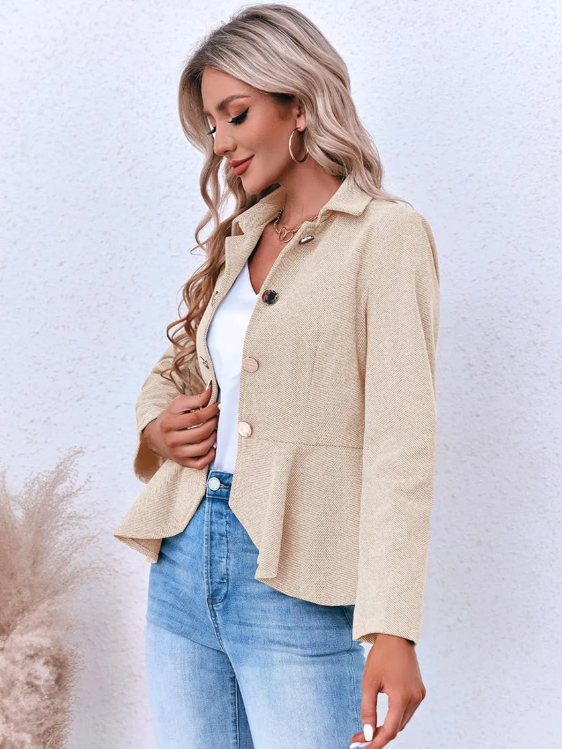 Cicy Bell Elegant Women Blazer Business Work Office Peplum Hem Jacket Open Front Herringbone Coats