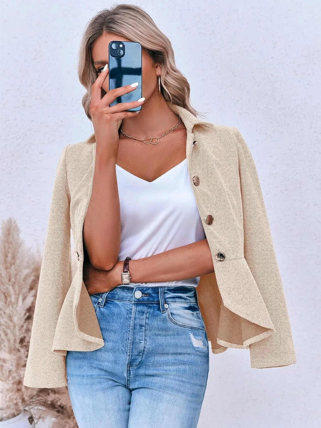 Cicy Bell Elegant Women Blazer Business Work Office Peplum Hem Jacket Open Front Herringbone Coats