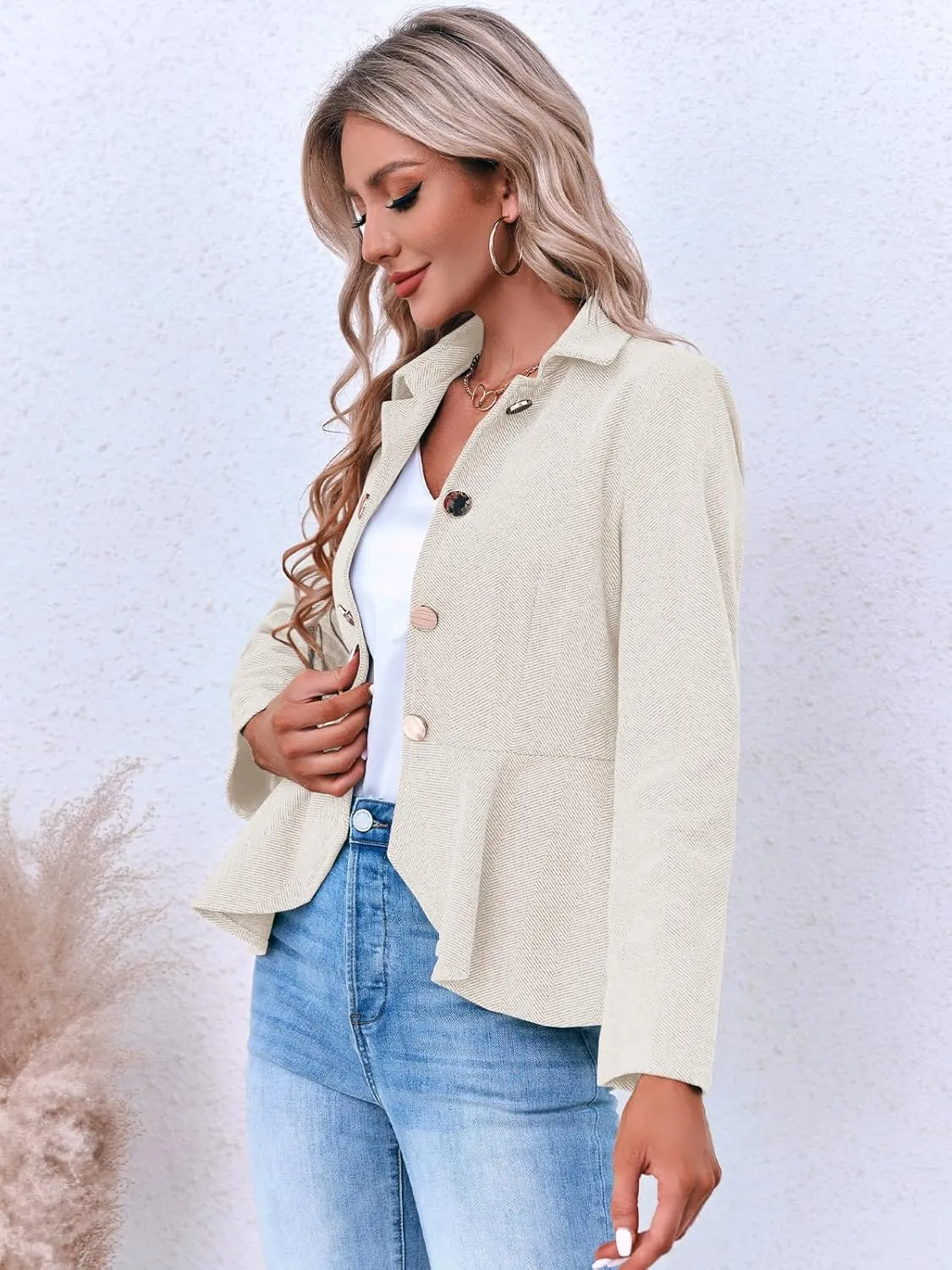 Cicy Bell Elegant Women Blazer Business Work Office Peplum Hem Jacket Open Front Herringbone Coats