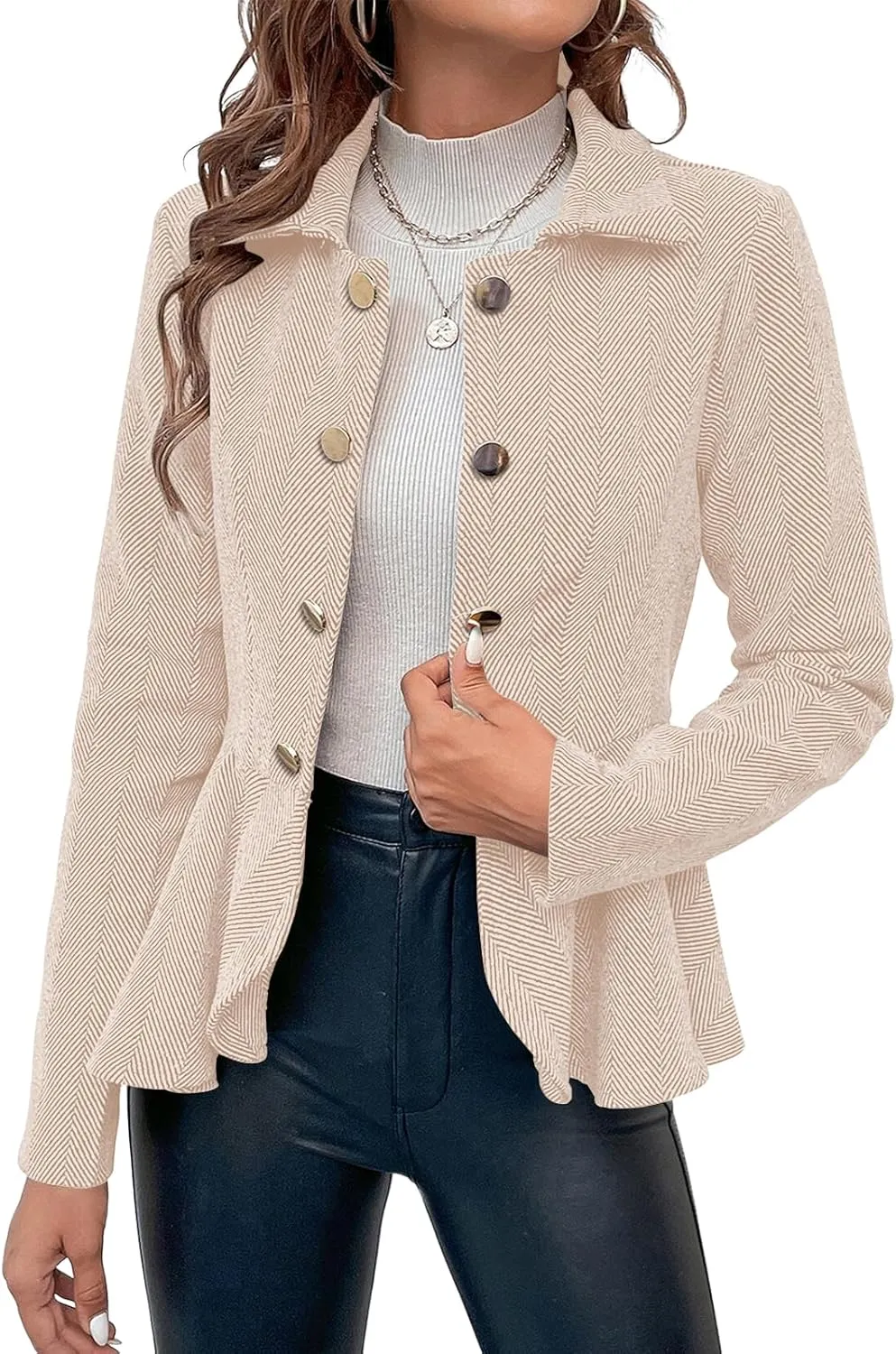 Cicy Bell Elegant Women Blazer Business Work Office Peplum Hem Jacket Open Front Herringbone Coats