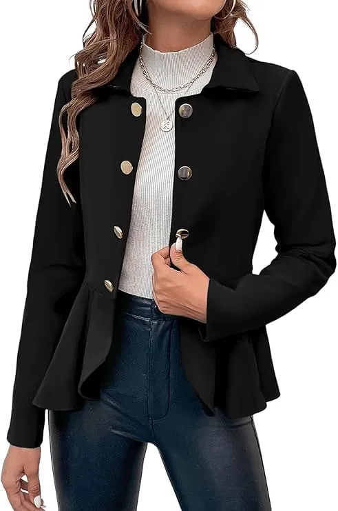Cicy Bell Elegant Women Blazer Business Work Office Peplum Hem Jacket Open Front Herringbone Coats