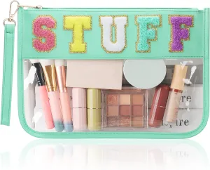 Clear Stuff Bag for Travel, Preppy Chenille Letter Embroidered Zipper Pouch, Waterproof PVC & PU Leather Clear Cosmetic Bag, Toiletry Makeup Bag for Women Girls Mint Green