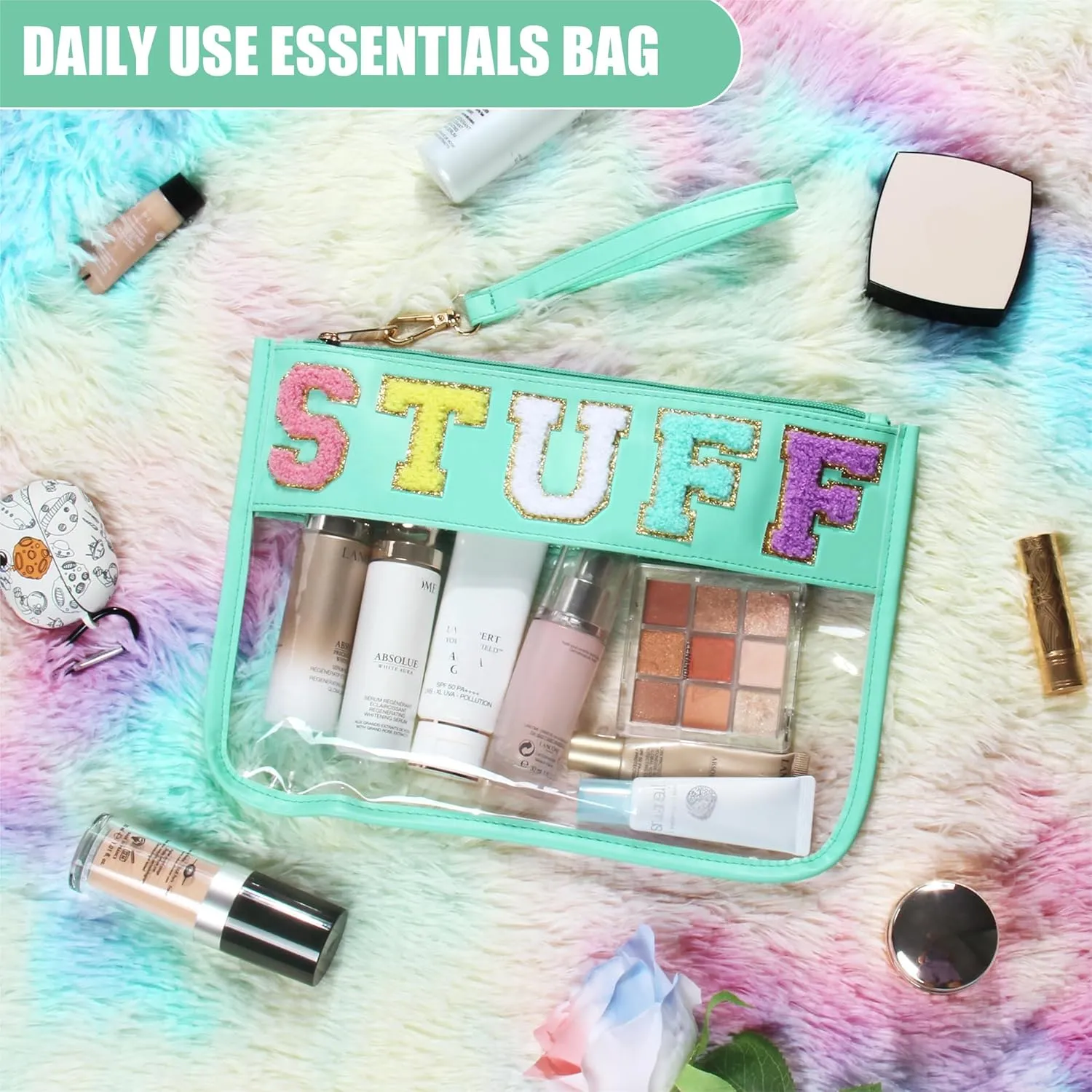 Clear Stuff Bag for Travel, Preppy Chenille Letter Embroidered Zipper Pouch, Waterproof PVC & PU Leather Clear Cosmetic Bag, Toiletry Makeup Bag for Women Girls Mint Green