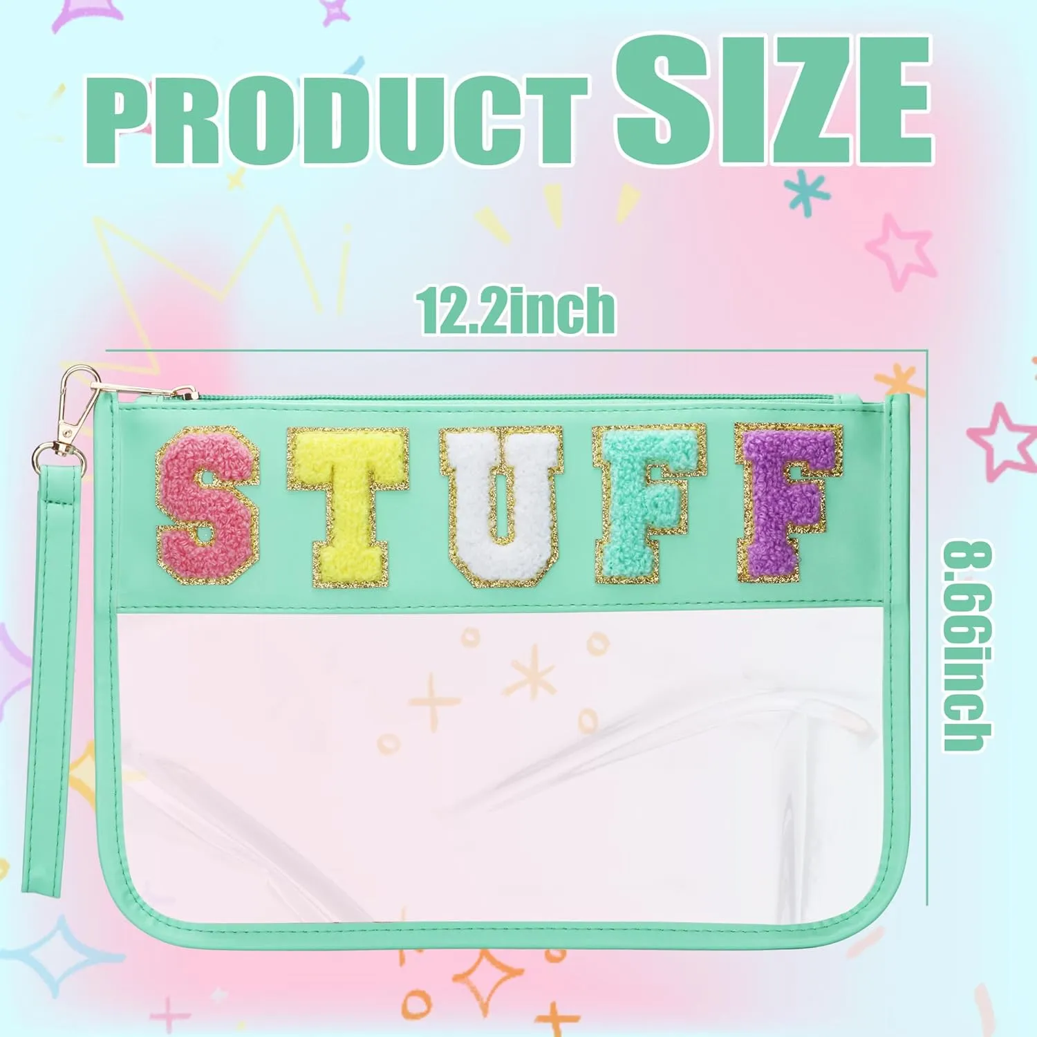 Clear Stuff Bag for Travel, Preppy Chenille Letter Embroidered Zipper Pouch, Waterproof PVC & PU Leather Clear Cosmetic Bag, Toiletry Makeup Bag for Women Girls Mint Green