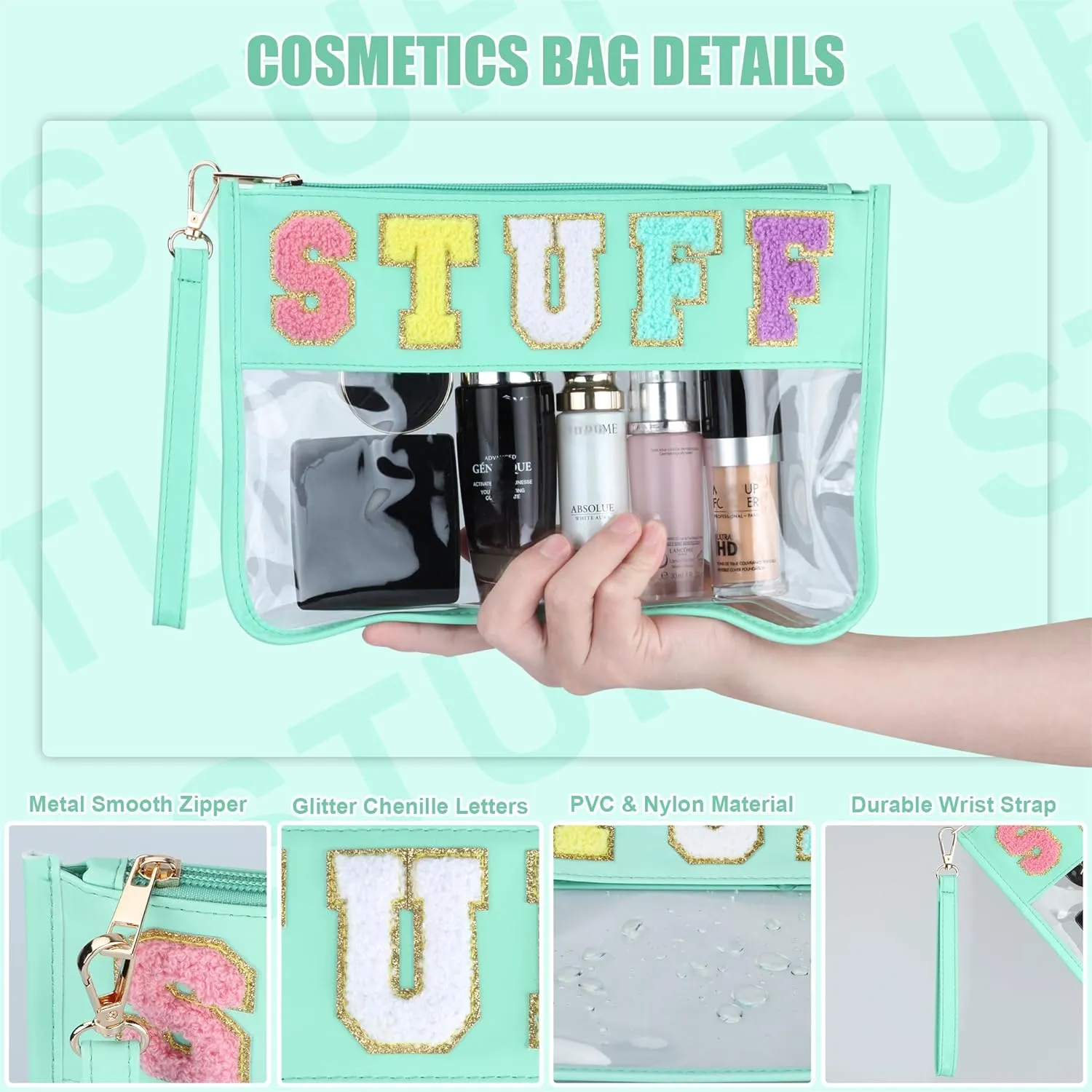 Clear Stuff Bag for Travel, Preppy Chenille Letter Embroidered Zipper Pouch, Waterproof PVC & PU Leather Clear Cosmetic Bag, Toiletry Makeup Bag for Women Girls Mint Green