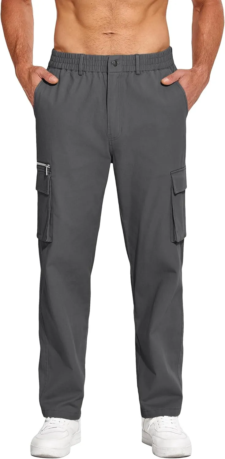 COOFANDY Men's Cotton Cargo Pants Relaxed Fit Elastic Waist Casual Pants Stretch Work Cargo Pant with Pockets