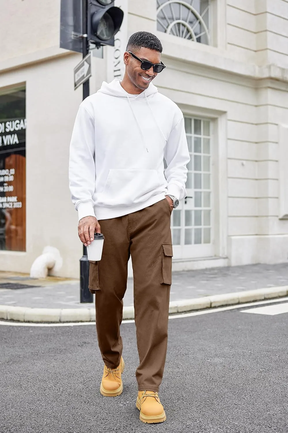 COOFANDY Men's Cotton Cargo Pants Relaxed Fit Elastic Waist Casual Pants Stretch Work Cargo Pant with Pockets