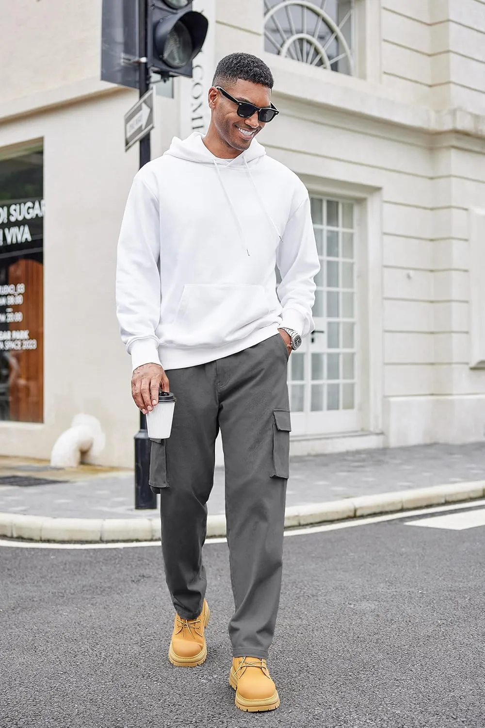 COOFANDY Men's Cotton Cargo Pants Relaxed Fit Elastic Waist Casual Pants Stretch Work Cargo Pant with Pockets
