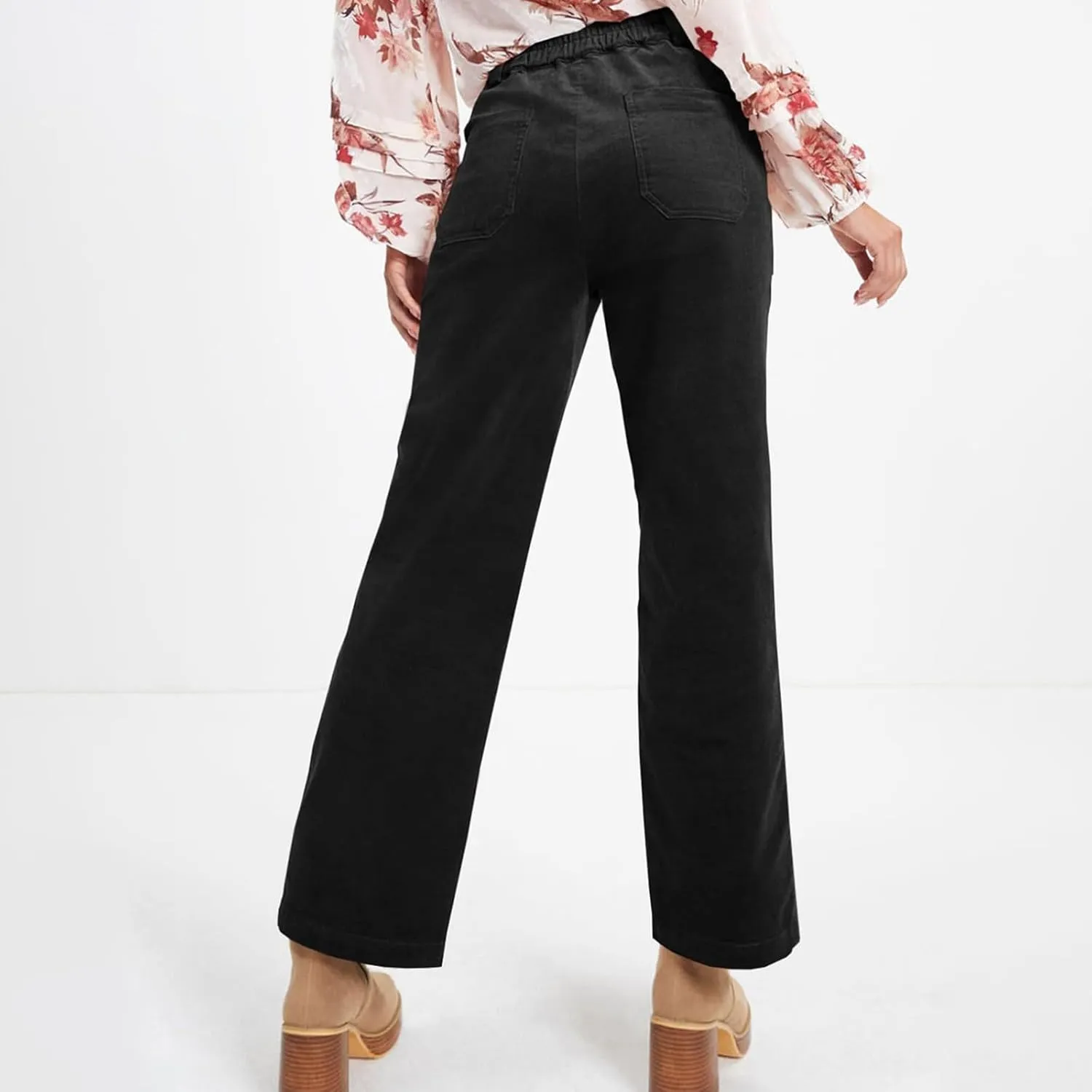 Corduroy Pants Women Elastic High Waisted Straight Leg Work Pants Business Casual Loose Trousers Pants with Pockets