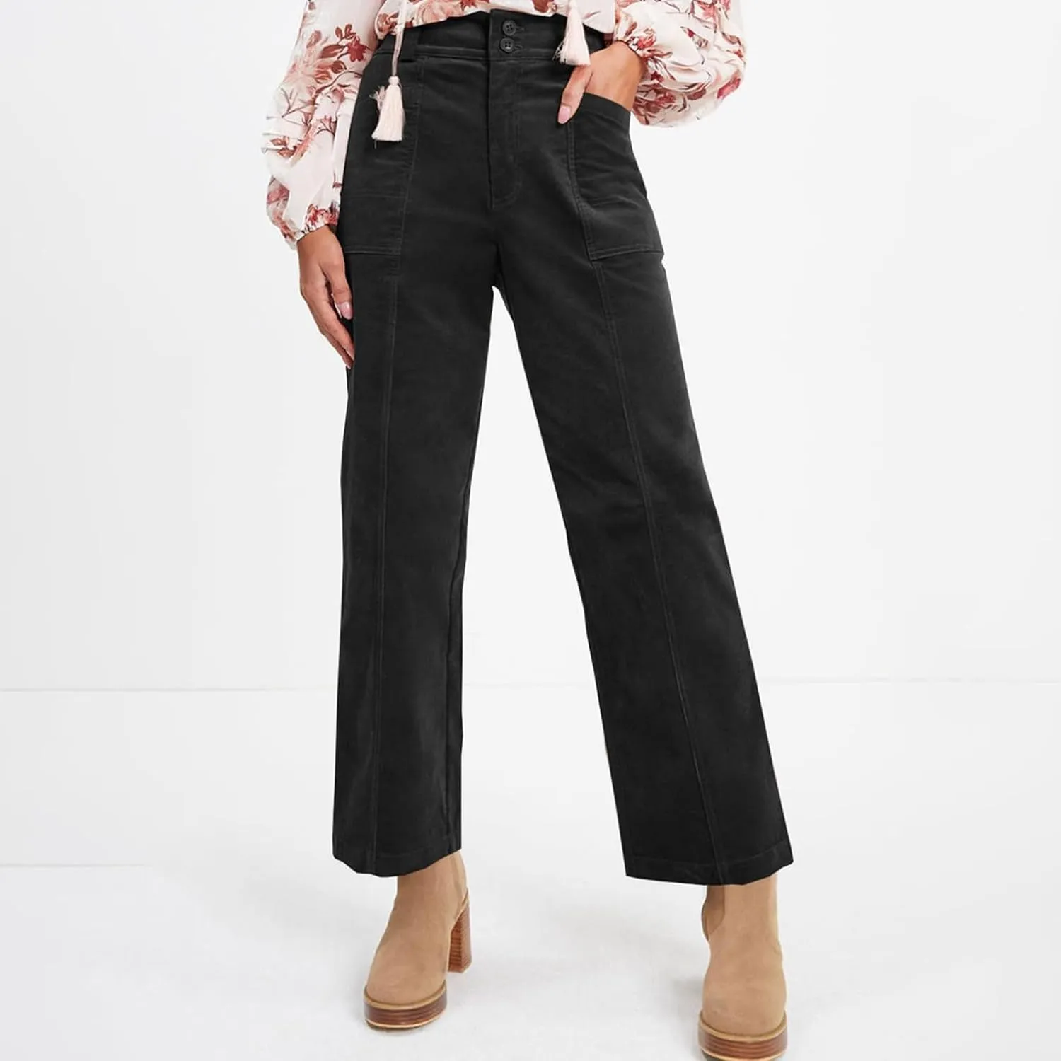 Corduroy Pants Women Elastic High Waisted Straight Leg Work Pants Business Casual Loose Trousers Pants with Pockets