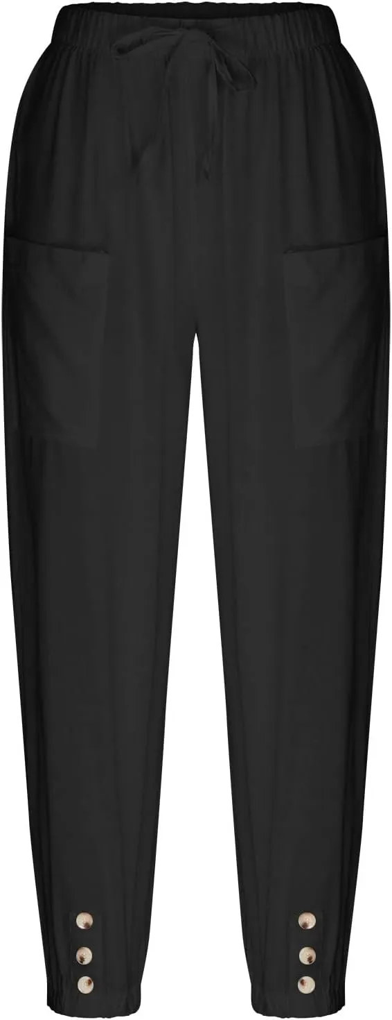 Cotton Linen Pants for Women Casual Summer Elastic High Waist Drawstring Lounge Pant Straight Leg Cropped Trousers