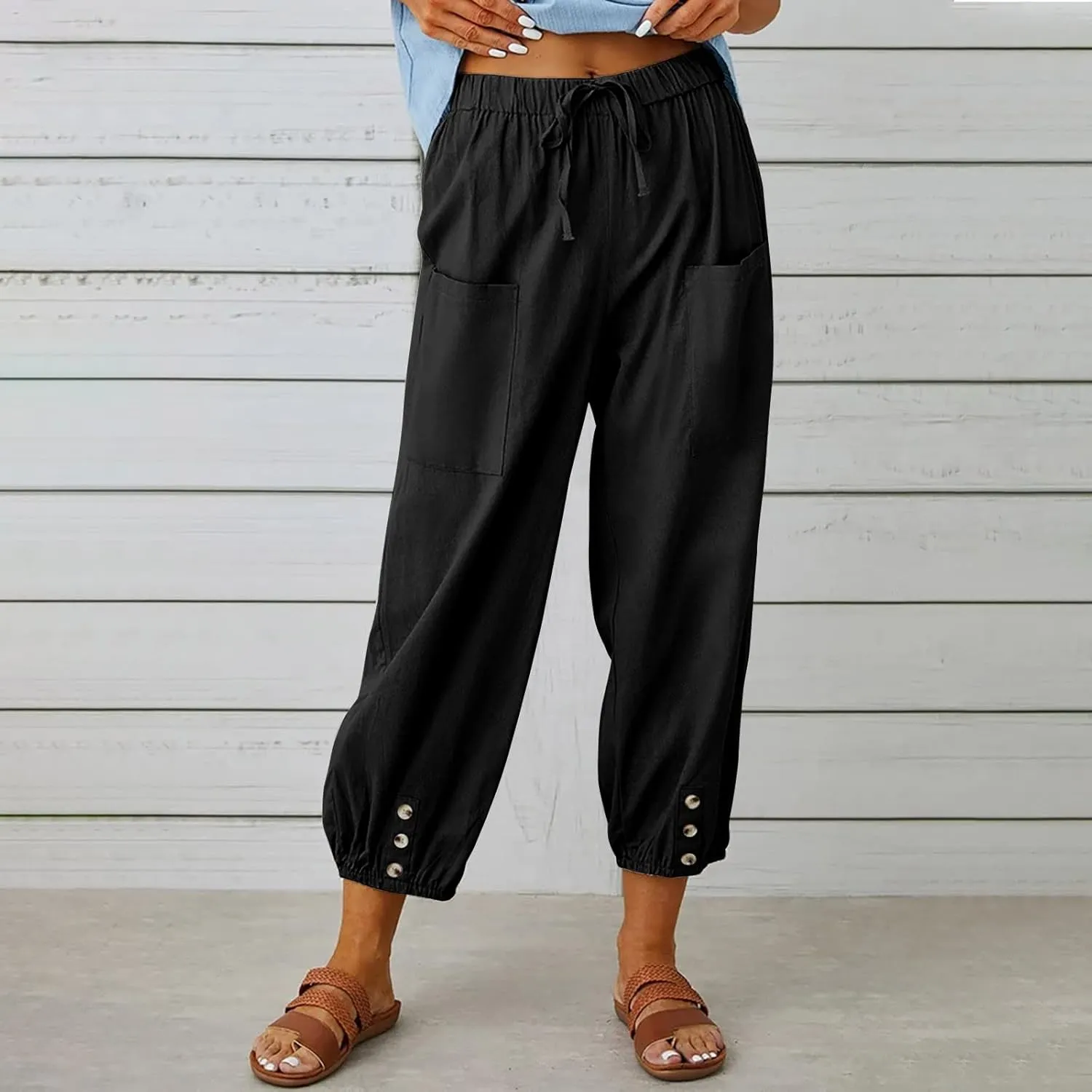 Cotton Linen Pants for Women Casual Summer Elastic High Waist Drawstring Lounge Pant Straight Leg Cropped Trousers