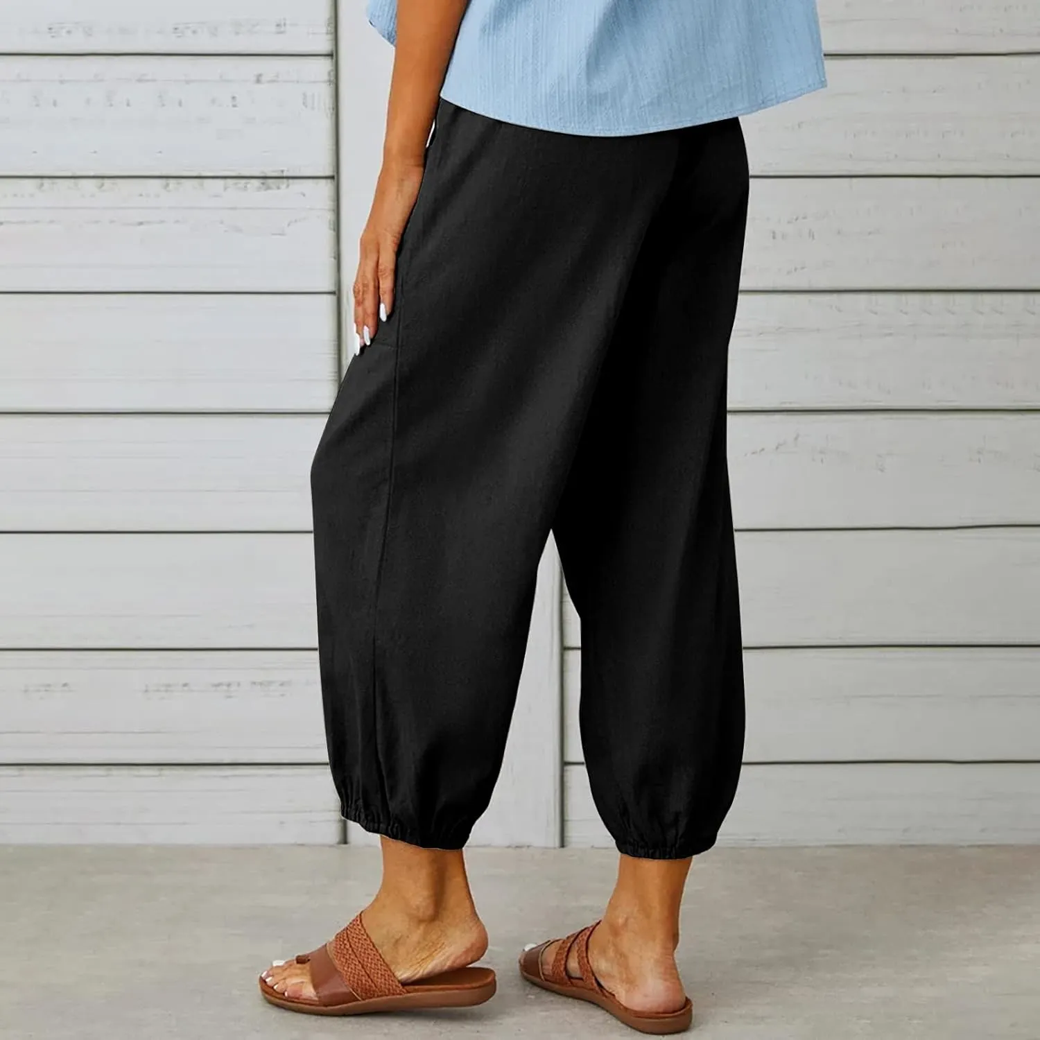 Cotton Linen Pants for Women Casual Summer Elastic High Waist Drawstring Lounge Pant Straight Leg Cropped Trousers