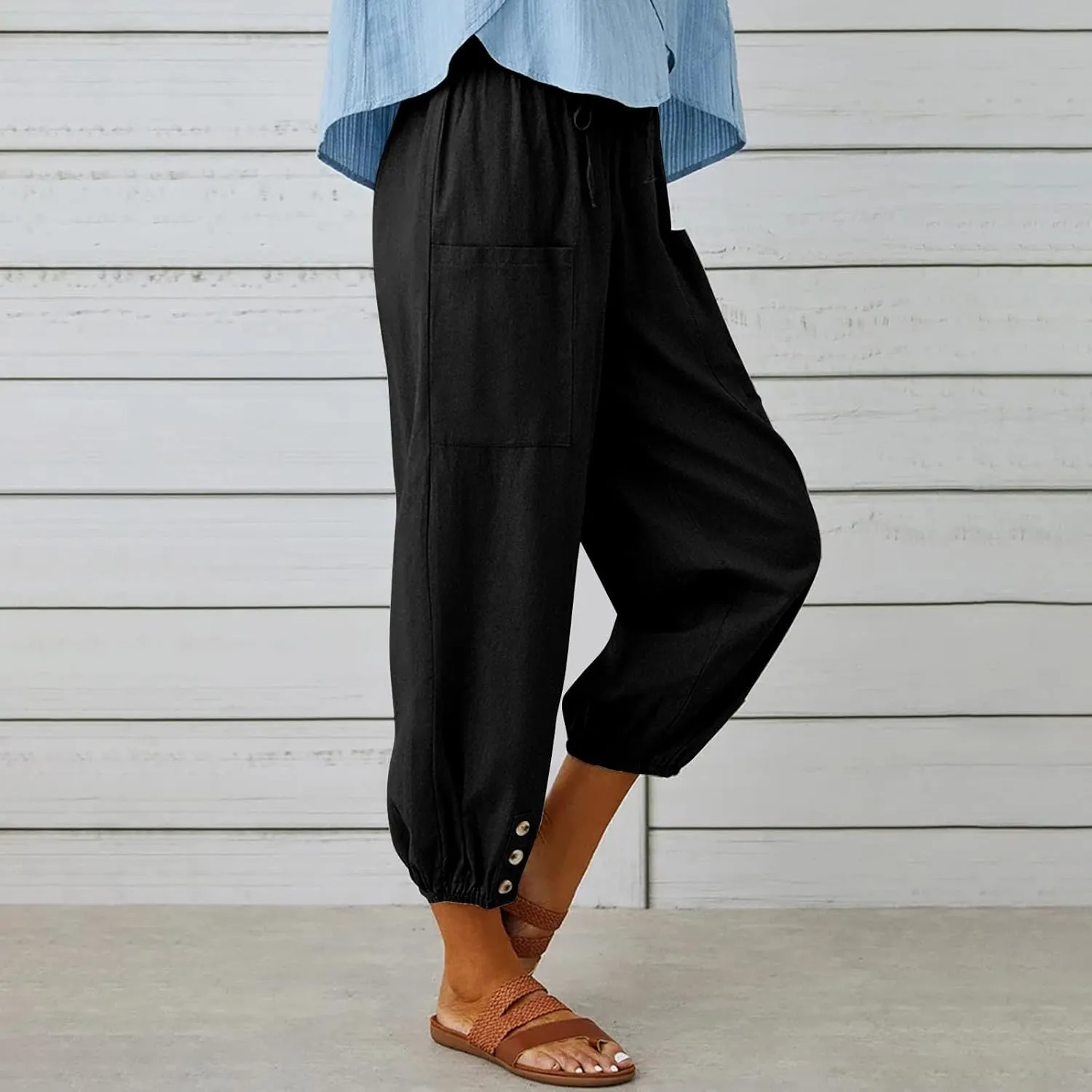 Cotton Linen Pants for Women Casual Summer Elastic High Waist Drawstring Lounge Pant Straight Leg Cropped Trousers