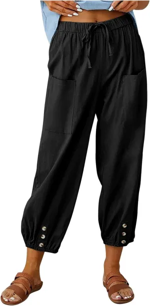 Cotton Linen Pants for Women Casual Summer Elastic High Waist Drawstring Lounge Pant Straight Leg Cropped Trousers