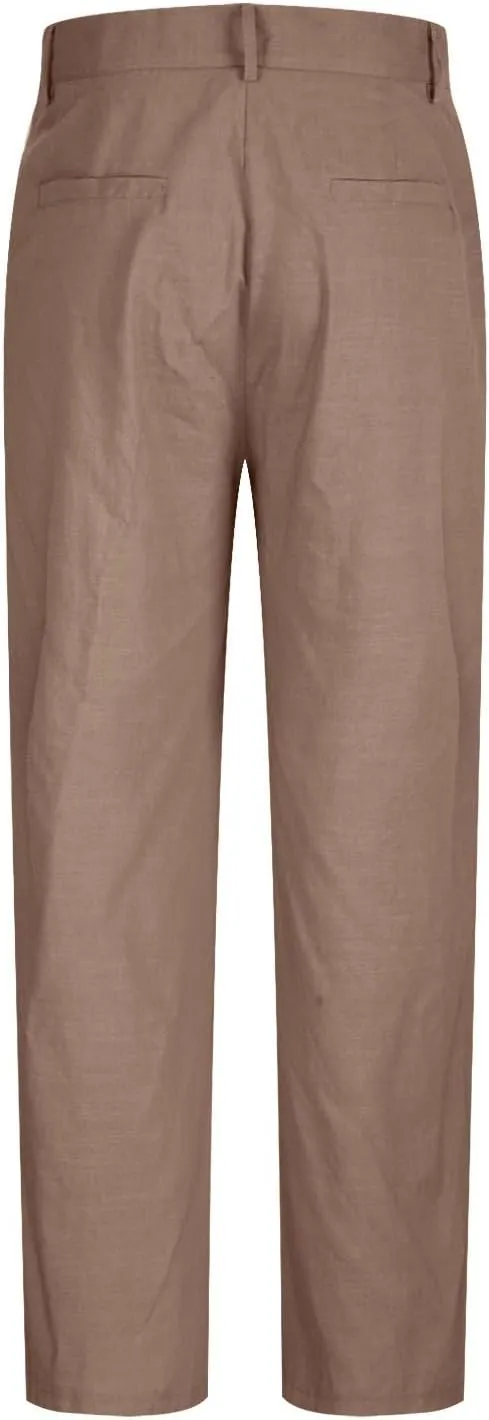 Cotton Linen Pants Men Straight Leg Pleated Work Dress Pants Relaxed Fit Casual Leisure Chino Trousers