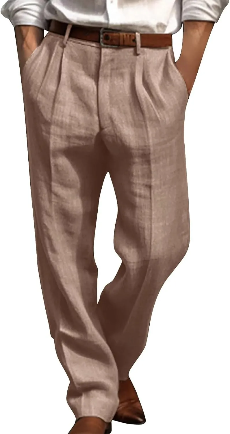 Cotton Linen Pants Men Straight Leg Pleated Work Dress Pants Relaxed Fit Casual Leisure Chino Trousers