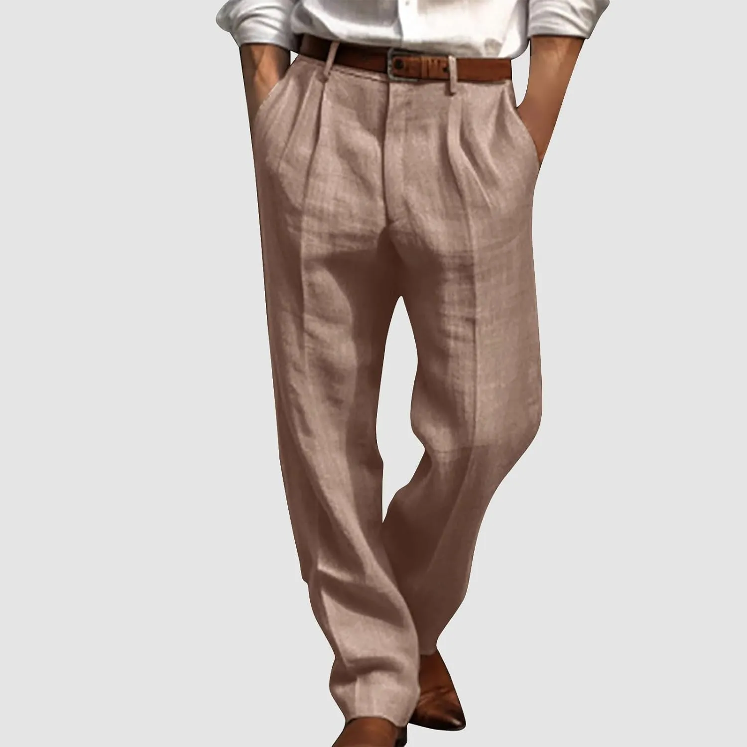 Cotton Linen Pants Men Straight Leg Pleated Work Dress Pants Relaxed Fit Casual Leisure Chino Trousers