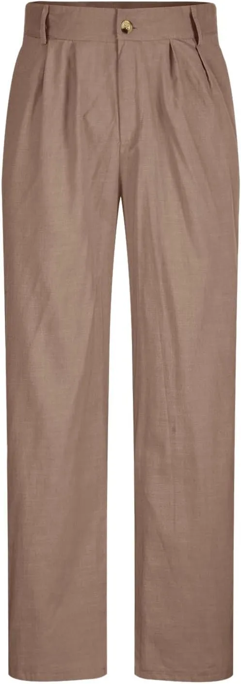 Cotton Linen Pants Men Straight Leg Pleated Work Dress Pants Relaxed Fit Casual Leisure Chino Trousers